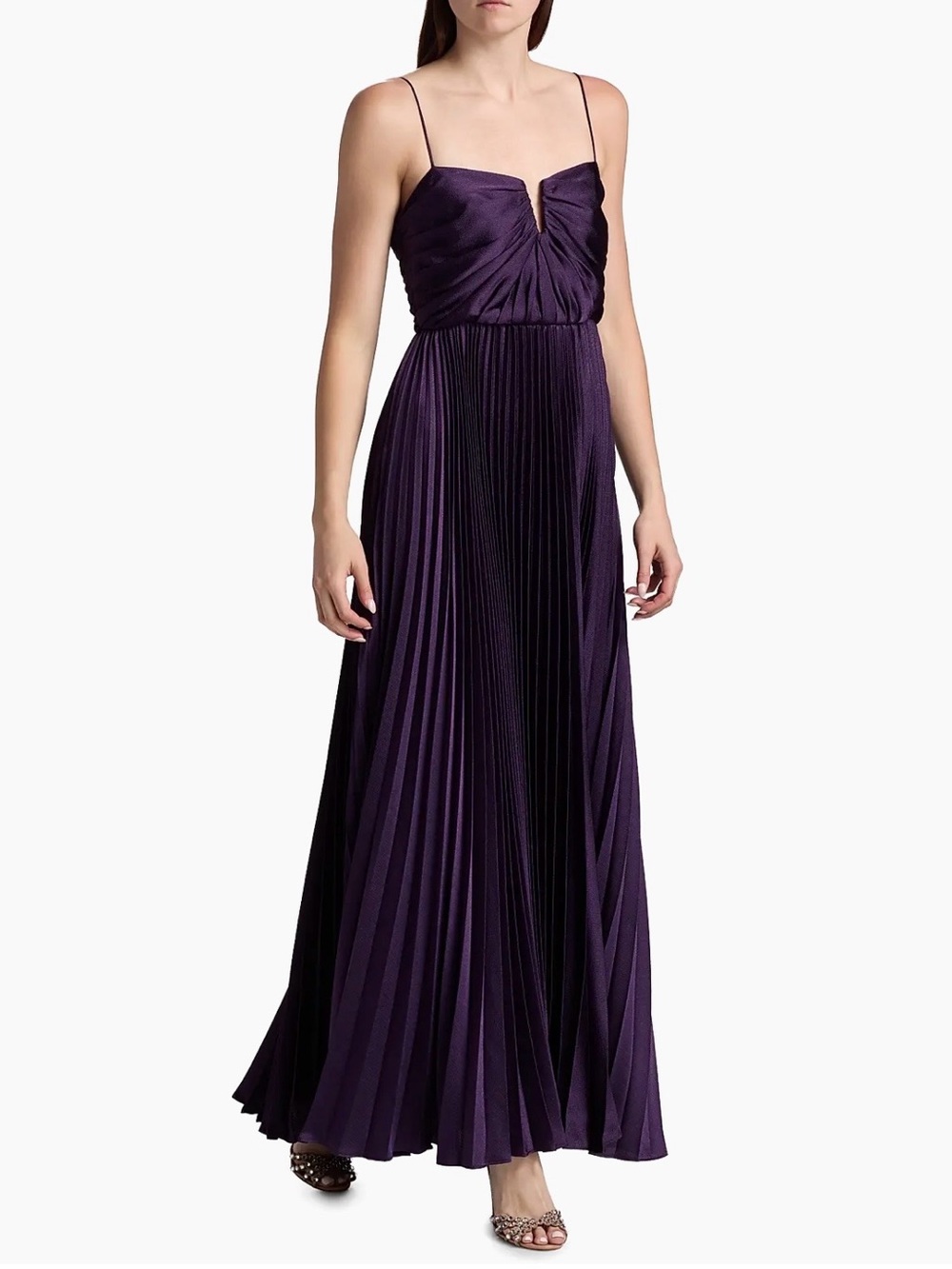 As It May Anna Hammered Satin in Dark Plum Pleated Dress with Spaghetti Straps